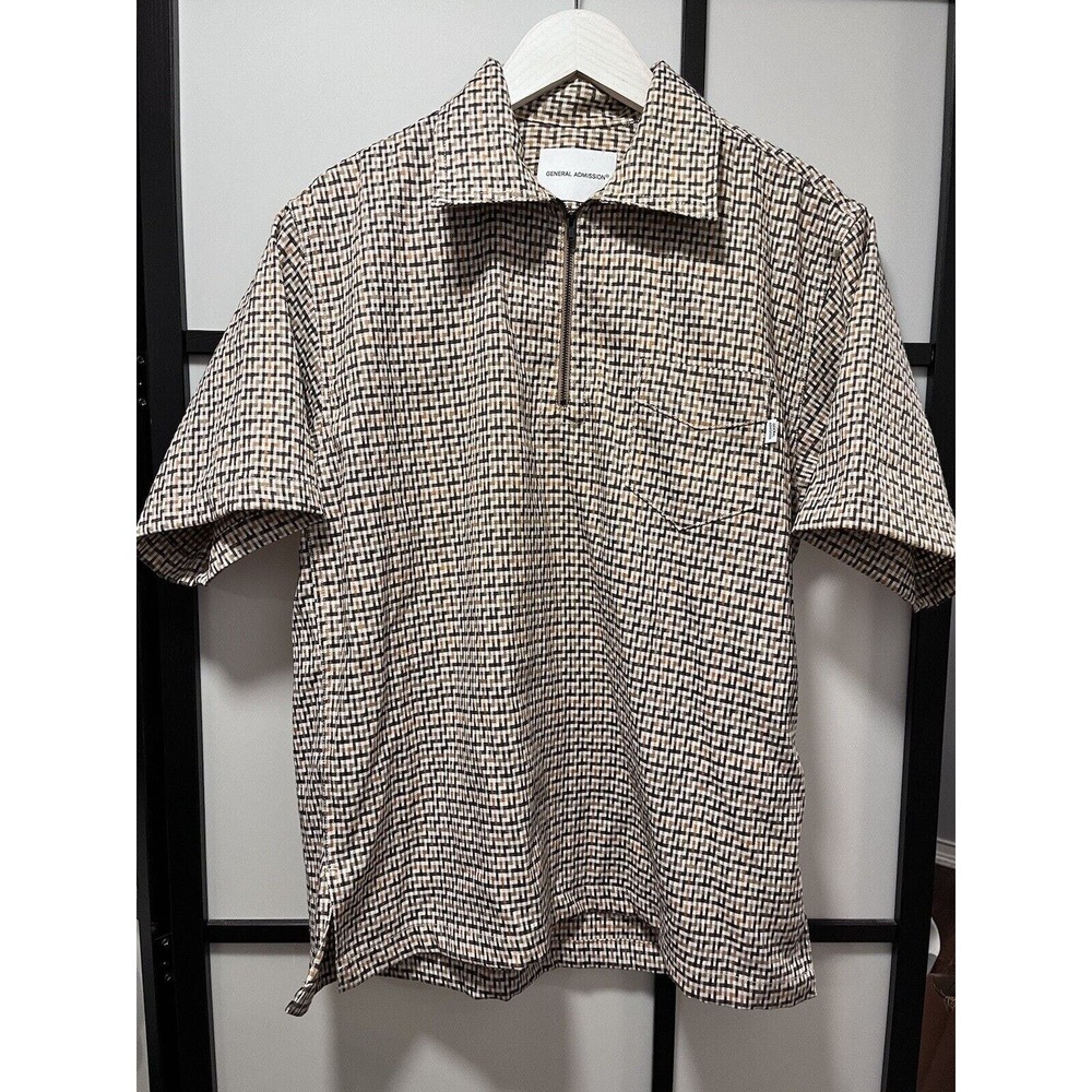 General Admission Men's Quarter Zip Shirt in Beige Check - Size Medium